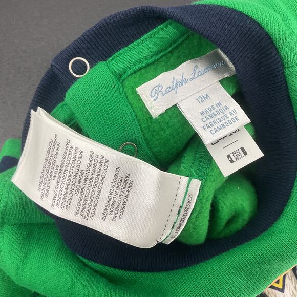 Ralph Lauren Boys Green Navy Stripe Teddy Bear Top Size 12M Cotton/Poly Blend - Picture 3 of 4